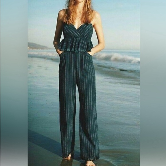 Anthropologie Jumpsuit Womens Blue Denim Sleeveless Peplum Ruffled Striped - Picture 1 of 7